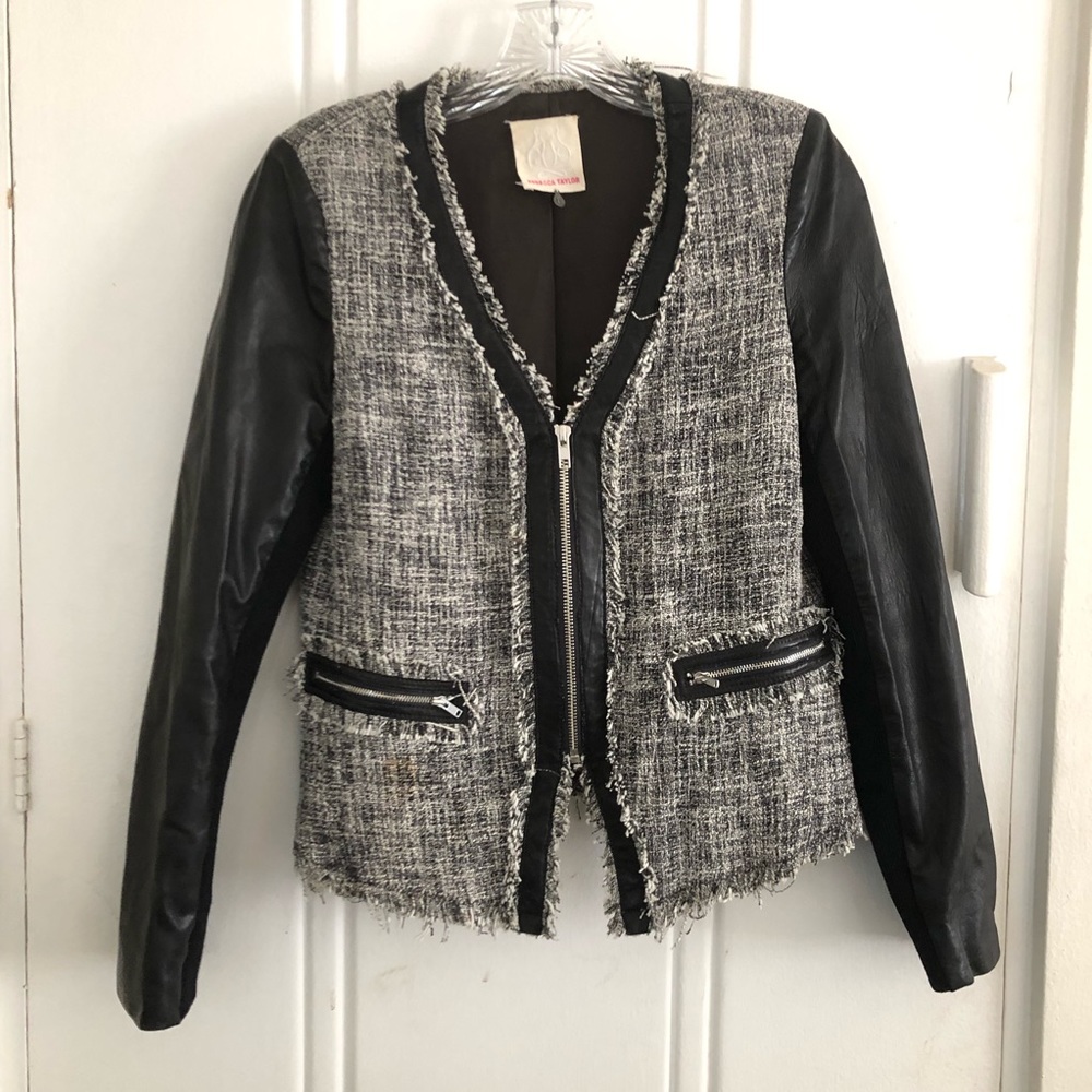 Rebecca Taylor Black Leather Sleeve Tweed Zip Jacket